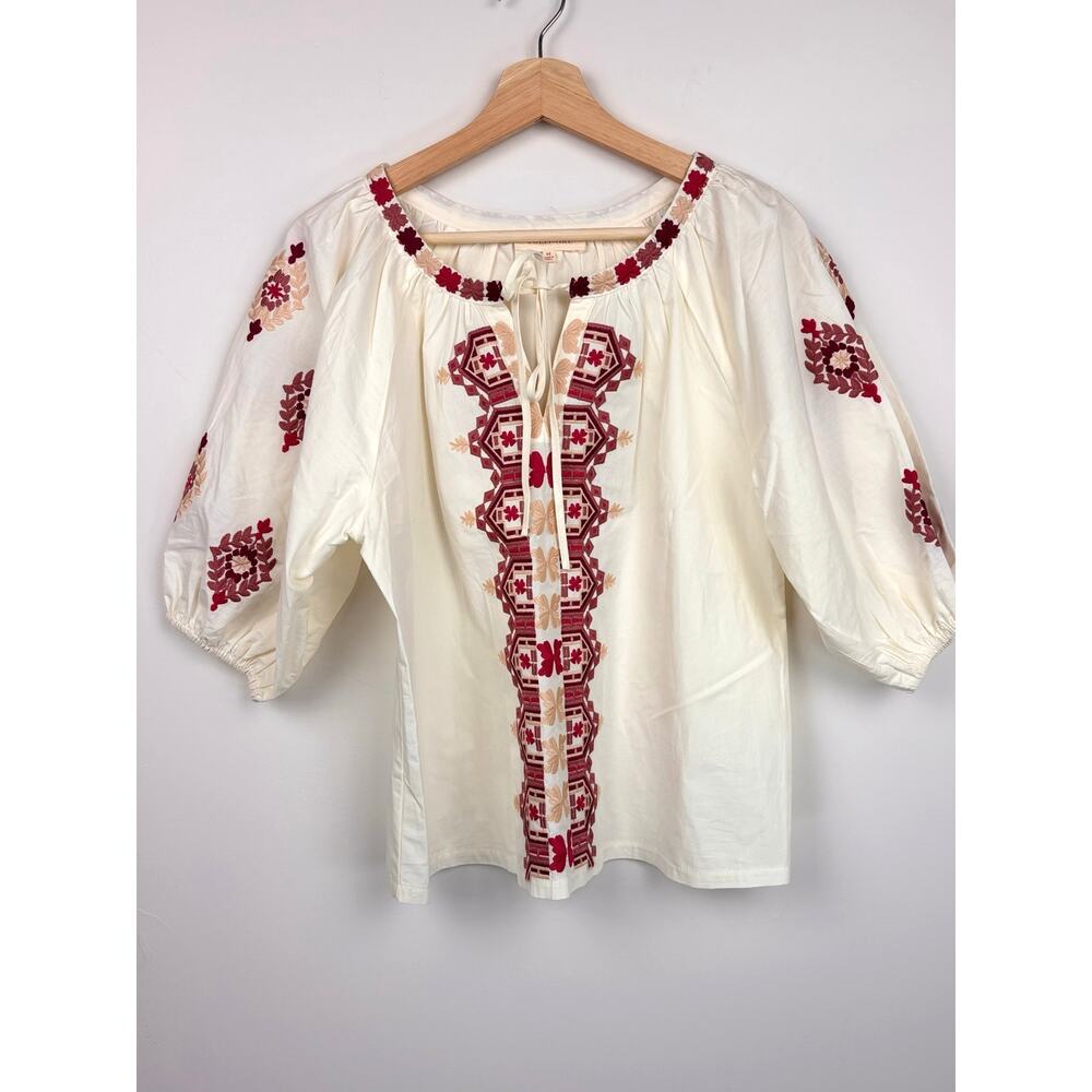 🤍 Solitaire Embroidered Peasant Blouse | M | Cream Multi - Picture 3 of 11